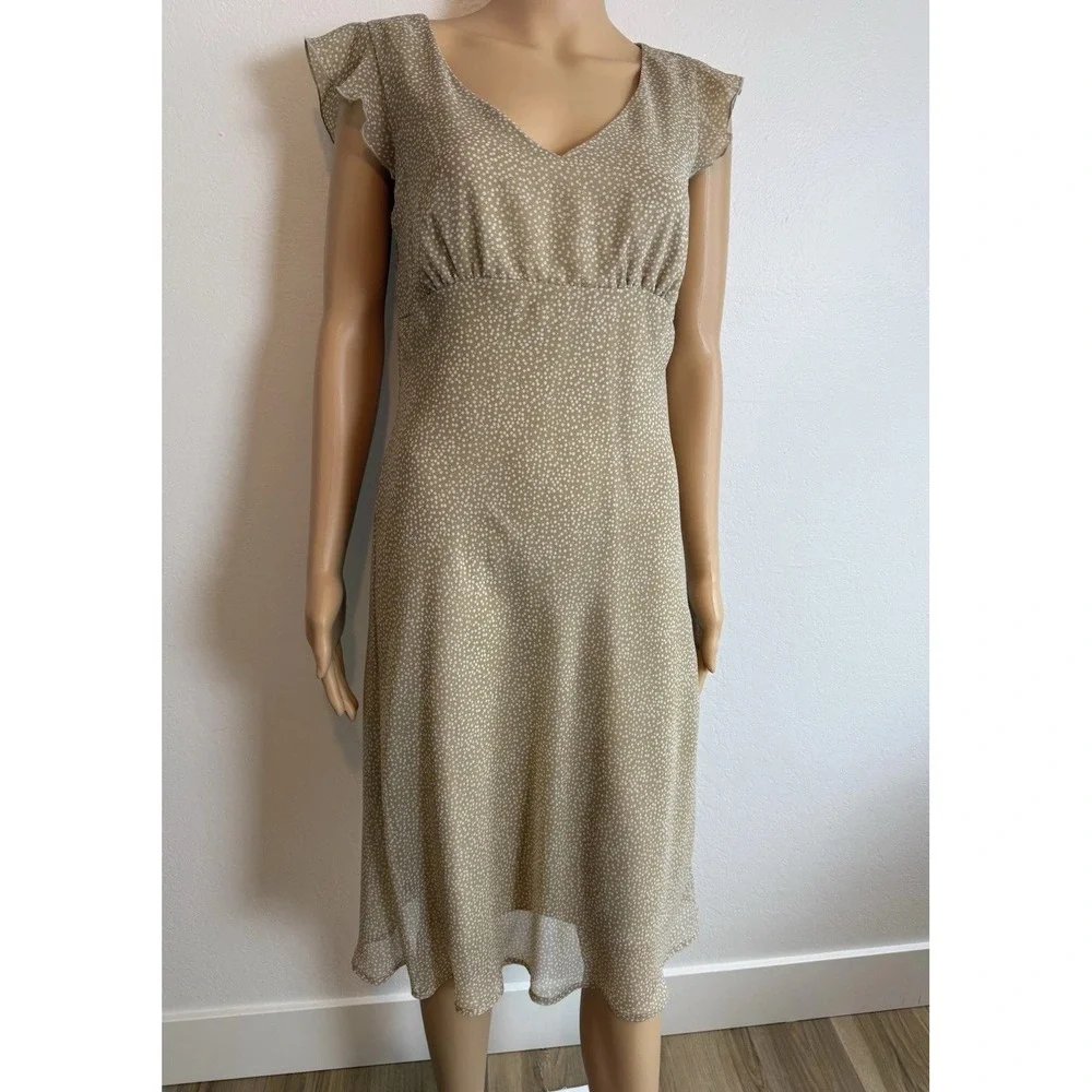 Vintage 90s Y2K FLP Beige Polka Dot Empire Waist Chiffon Prairie Midi Dress 8